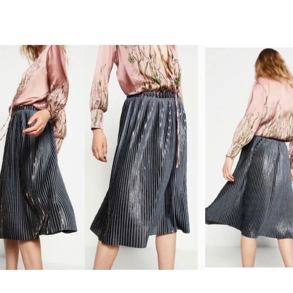ZARA metallic pleated glitter gray black silver skirt Sz M NWOT